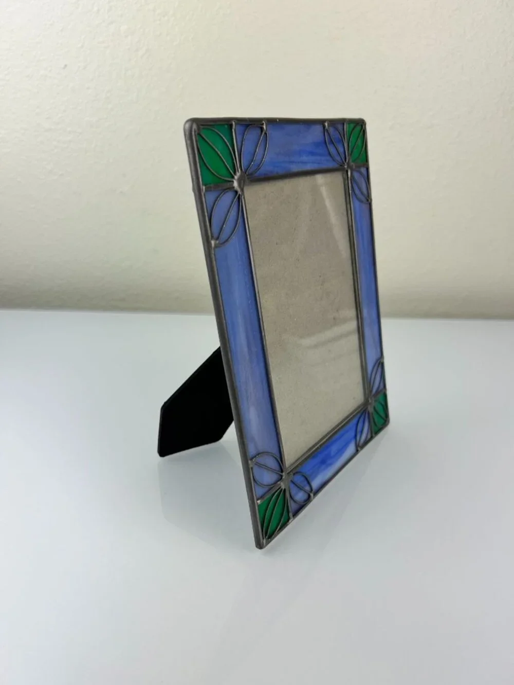 Vintage Stained Glass & Metal Picture Frame Blue Green Silver Home Decor